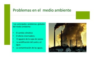 Los principales problemas globales
del medio ambiente:
• El cambio climático
• El efecto invernadero.
• El agujero de la capa de ozono.
• La acidificación del suelo y el
agua.
• La contaminación de las aguas.
Problemas en el medio ambiente
 