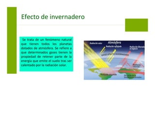 Se trata de un fenómeno natural
que tienen todos los planetas
dotados de atmósfera. Se refiere a
que determinados gases tienen la
propiedad de retener parte de la
energía que emite el suelo tras ser
calentado por la radiación solar.
Efecto de invernadero
 