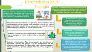 Factores bióticos.- Son aquellos en donde
intervienen las relaciones que existen entre
los organismos, o bien, individuos de la
misma especie o de diferente especie
Relaciones Intra-específicas.- Se presenta entre individuos de la
misma especie, podemos citar a las siguientes: Asociación, cuando
algunos animales buscan formar grupos, ya sea para alimentarse,
defenderse o para emigrar se forman asociaciones.
Sociedad o Sociedades.- Tipo de agrupación que consiste en la
asociación, división del trabajo y en la jerarquización de los
individuos de la sociedad. En la sociedad cada individuo realiza un
trabajo específico, ejemplo: abejas, hay una reina, zánganos y
obreras.
Colonia.- Tipo de asociación formada por organismos
cuyos cuerpos se hayan unidos entre sí, ejemplo,
corales.
Factores Inter-específicos.- Cuando miembros de
diferentes especies viven juntos, ya sea en forma
temporal o permanente. Se dice que viven en
simbiosis. Tenemos como ejemplos:
•Comensalismo.- Tipo de
relación inter-específica en
donde una de las especies se
beneficia en la relación.
(rémora-tiburón).
•Mutualismo.- Tipo de relación en
donde ambas especies viven
juntas y salen beneficiadas.
(liquen, alga-hongo).
•Parasitismo.- Tipo de relación inter-
específica en donde una de las
especies perjudica a la otro, en
algunas ocasiones causándole hasta le
muerte. (Amibas, paludismo, cólera,
enfermedades producidas por los
hongos, micosis).
Características de la
Ecología
 