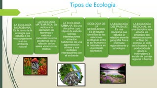 Tipos de Ecología
LA ECOLOGÍA
MICROBIANA:
Es la rama de la
ecología que
estudia a los
microorganismo
s en su
ambiente
natural
LA ECOLOGÍA
MATEMÁTICA: Se
dedica a la
aplicación de
teoremas y
métodos
matemáticos a los
problemas de la
relación de los
seres vivos con su
medios
LA ECOLOGIA
URBANA: Es una
disciplina cuyo
objeto de estudio
son las
interrelaciones
entre los
habitantes de una
aglomeración
urbana y sus
múltiples
interacciones con
el ambiente
ECOLOGÍA DE
LA
RECREACION:
Es el estudio
científico de las
relaciones
ecológicas entre
el ser humano y
la naturaleza en
un contexto
recreativo.
LA ECOLOGÍA
DEL PAISAJE:
Es una
disciplina que
estudia la
relación entre la
geografía física
orientada
regionalmente y
la biología.
LA ECOLOGÍA
REGIONAL: es
una disciplina que
estudia los
procesos eco
sistémicos como
el flujo de
energía, el ciclo
de la materia o la
producción de
gases o
invernadero a
escala de paisaje
regional o bioma.
 