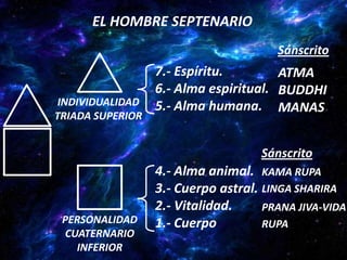 EL HOMBRE SEPTENARIO
                                       Sánscrito
                  7.- Espíritu.        ATMA
                  6.- Alma espiritual. BUDDHI
 INDIVIDUALIDAD   5.- Alma humana. MANAS
TRIADA SUPERIOR


                                    Sánscrito
                  4.- Alma animal. KAMA RUPA
                  3.- Cuerpo astral. LINGA SHARIRA
                  2.- Vitalidad.     PRANA JIVA-VIDA
 PERSONALIDAD     1.- Cuerpo         RUPA
 CUATERNARIO
   INFERIOR
 