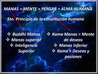 MANAS = MENTE = PENSAR = ALMA HUMANA

 5to. Principio de la constitución humana


 Buddhi Manas        Kama Manas = Mente
 Manas superior            de deseos
  Inteligencia          Manas inferior
     Superior           Kama = Deseos y
                            pasiones
 