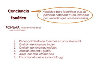 Conciencia                    Habilidad para identificar que las
                               palabras habladas están formadas
   Fonética                    por unidades que son los fonemas.


FONEMA: unidad mínima de los
FONEMA
  sonidos del habla.




      1.    Reconocimiento de fonemas en posición inicial.
      2.    Omisión de fonemas finales.
      3.    Omisión de fonemas iniciales.
      4.    Asociar fonema y grafía.
      5.    Aislar fonemas intermedios.
      6.    Encontrar el sonido escondido /g/
 