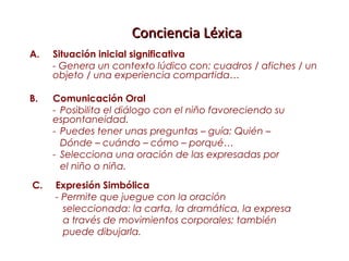 Conciencia Léxica
A.   Situación inicial significativa
     - Genera un contexto lúdico con: cuadros / afiches / un
     objeto / una experiencia compartida…

B.   Comunicación Oral
     - Posibilita el diálogo con el niño favoreciendo su
     espontaneidad.
     - Puedes tener unas preguntas – guía: Quién –
       Dónde – cuándo – cómo – porqué…
     - Selecciona una oración de las expresadas por
       el niño o niña.
C.   Expresión Simbólica
     - Permite que juegue con la oración
       seleccionada: la carta, la dramática, la expresa
       a través de movimientos corporales; también
       puede dibujarla.
 