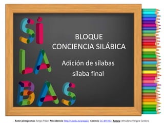 BLOQUE
CONCIENCIA SILÁBICA
Adición de sílabas
sílaba final
Autor pictogramas: Sergio Palao Procedencia: http://catedu.es/arasaac/ Licencia: CC (BY-NC) Autora: Almudena Vergara Cardona
 