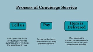 Process of Concierge Service
Tell us Pay Item is
Delivered
Give us the link to the
products you need to
purchase, and we'll check
the specifics with you.
To pay for the items,
select one of our easy
payment options.
After making the
transaction, we promptly
forward the item to your
international address.
 