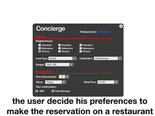 x
       Concierge                            Restaurants in   Madrid
       Search
       Neighborhood:
               Chamberi         Chamberi      Chamberi
               Salamanca        Salamanca     Salamanca
           x   Chueca           Chueca        Chueca


       Food Type: Sushi                     Celebration: Anniversary

       Budget: 20€ -30€

       Reservation
       How many people:         2

       When:      Today                        What Time: 21:00
       Your confirmation:
       x   SMS         x   Voice Message




 the user decide his preferences to
make the reservation on a restaurant
 