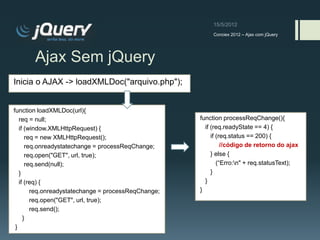 Conciex 2012 – Ajax com jQuery




       Ajax Sem jQuery
Inicia o AJAX -> loadXMLDoc("arquivo.php");


function loadXMLDoc(url){
   req = null;                                       function processReqChange(){
   if (window.XMLHttpRequest) {                        if (req.readyState == 4) {
      req = new XMLHttpRequest();                         if (req.status == 200) {
      req.onreadystatechange = processReqChange;               //código de retorno do ajax
      req.open("GET", url, true);                         } else {
      req.send(null);                                        (“Erro:n" + req.statusText);
   }                                                      }
   if (req) {                                          }
        req.onreadystatechange = processReqChange;   }
        req.open("GET", url, true);
        req.send();
     }
 }
 