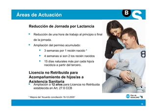 Áreas de Actuación

    Reducción de Jornada por Lactancia

        Reducción de una hora de trabajo al principio o final
        de la jornada.
        Ampliación del permiso acumulado:
                   3 semanas por 1 recién nacido *
                   4 semanas si son 2 los recién nacidos
                   15 días naturales más por cada hijo/a
                   nacido/a a partir del tercero.

    Licencia no Retribuida para
    Acompañamiento de hijos/as a
    Asistencia Sanitaria
        Ampliación a 12 años para Licencia no Retribuida
        establecida en Art. 27.6 CCB

    * Mejora del “Acuerdo conciliación 16-12-2005”


                                                                12
 