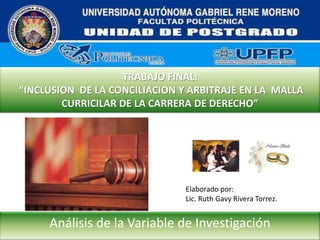 TRABAJO FINAL: “INCLUSION  DE LA CONCILIACION Y ARBITRAJE EN LA  MALLA CURRICILAR DE LA CARRERA DE DERECHO” Elaborado por: Lic. Ruth Gavy Rivera Torrez. Análisis de la Variable de Investigación 