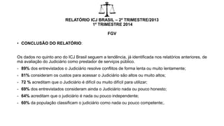 RELATÓRIO ICJ BRASIL – 2º TRIMESTRE/2013
1º TRIMESTRE 2014
FGV
• CONCLUSÃO DO RELATÓRIO:
Os dados no quinto ano do ICJ Brasil seguem a tendência, já identificada nos relatórios anteriores, de
má avaliação do Judiciário como prestador de serviços público.
- 89% dos entrevistados o Judiciário resolve conflitos de forma lenta ou muito lentamente;
- 81% consideram os custos para acessar o Judiciário são altos ou muito altos;
- 72 % acreditam que o Judiciário é difícil ou muito difícil para utilizar;
- 69% dos entrevistados consideram ainda o Judiciário nada ou pouco honesto;
- 64% acreditam que o judiciário é nada ou pouco independente;
- 60% da população classificam o judiciário como nada ou pouco competente;.
 