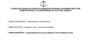 3 ASPECTOS GERAIS DA CRISE DE JURISDIÇÃO NO BRASIL NO PERÍDO PRÉ E PÓS
CONSTITUCIONAL E A CONTINUIDADE DA CULTURA JURÍDICA
• CRISE ESTRUTURAL – financiamento e infraestrutura;
• CRISE OBJETIVA – linguagem, ritos , burocracia e lentidão;
• CRISE SUBJETIVA – incapacidade técnica para atender à nova realidade social;
 