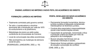 ENSINO JURÍDICO NO IMPÉRIO X NOVO PEFIL DO ACADÊMICO DO DIREITO
FORMAÇÃO JURÍDICA NO IMPÉRIO
• Totalmente controlado pelo governo central;
• Ter sido o Jusnaturalismo a doutrina
dominante até a introdução por volta de 1870
do evolucionismo e do positivismo;
• Metodologia de ensino ao estilo aulas-
conferência da Universidade de Coimbra;
• Local de comunicação das elites econômicas;
• Não acompanhou as mudanças da estrutura
social do país;.
(RODRIGUES; JUNGUEIRA, 2002, p. 19)
PERFIL DESEJADO DO NOVO ACADÊMICO
DO DIREITO
• Permanente formação humanística, técnico-
jurídica e prática à adequada compreensão
interdisciplinar do fenômeno jurídico;
• Conduta ética associada à responsabilidade
social e das transformações sociais;
• Capacidade de apreensão, transmissão crítica
e produção criativa do Direito por meio da
pesquisa e da investigação;
• Buscar soluções harmônicas com as
demandas individuais e sociais;
• Desenvolver formas judiciais e extrajudiciais
de solução e prevenção de conflitos;
(OAB, 2000, p. 25)
 