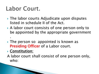 The labor courts Adjudicate upon disputes listed in schedule II of the Act.A labor court consists of one person only to be appointed by the appropriate government .The person so  appointed is known as Presiding Officer of a Labor court.Constitution:A labor court shall consist of one person only, who:Labor Court.