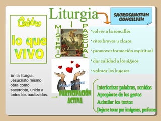 •volver a la sencillez
                        • ritos breves y claros
                        • promover formación espiritual
                        • dar calidad a los signos
                        • valorar los lugares
En la liturgia,
Jesucristo mismo
obra como
sacerdote, unido a
todos los bautizados.
 