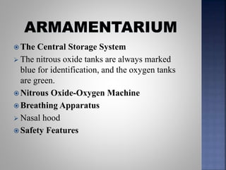  The Central Storage System
 The nitrous oxide tanks are always marked
blue for identification, and the oxygen tanks
are green.
 Nitrous Oxide-Oxygen Machine
 Breathing Apparatus
 Nasal hood
 Safety Features
 