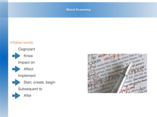 Word Economy
Inﬂated words
Cognizant
Know
Impact on
Affect
Implement
Start, create, begin
Subsequent to
After
 