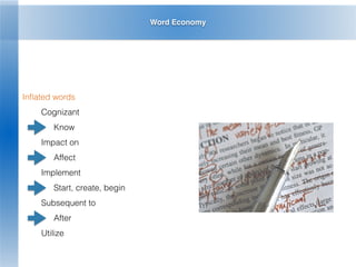 Word Economy
Inﬂated words
Cognizant
Know
Impact on
Affect
Implement
Start, create, begin
Subsequent to
After
Utilize
 