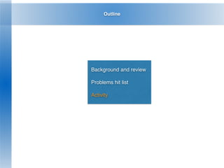 Outline
Background and review
Problems hit list
Activity
 