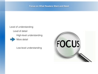 Focus on What Readers Want and Need
Level of understanding
Level of detail
High-level understanding
More detail
Low-level understanding
 