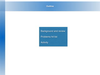 Outline
Background and review
Problems hit list
Activity
 