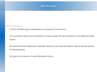 Word Economy
Noun constructions
In 2010, the Board gave consideration to merging the two divisions.
The consultant made a recommendation for ways to begin the documentation of the Sarbanes-Oxley
project.
We recommend the department undertake revisions in the task descriptions used to provide training
to new employees.
Our goal is the creation of a new Standards Division.
 