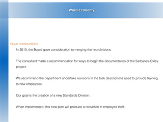 Word Economy
Noun constructions
In 2010, the Board gave consideration to merging the two divisions.
The consultant made a recommendation for ways to begin the documentation of the Sarbanes-Oxley
project.
We recommend the department undertake revisions in the task descriptions used to provide training
to new employees.
Our goal is the creation of a new Standards Division.
When implemented, this new plan will produce a reduction in employee theft.
 