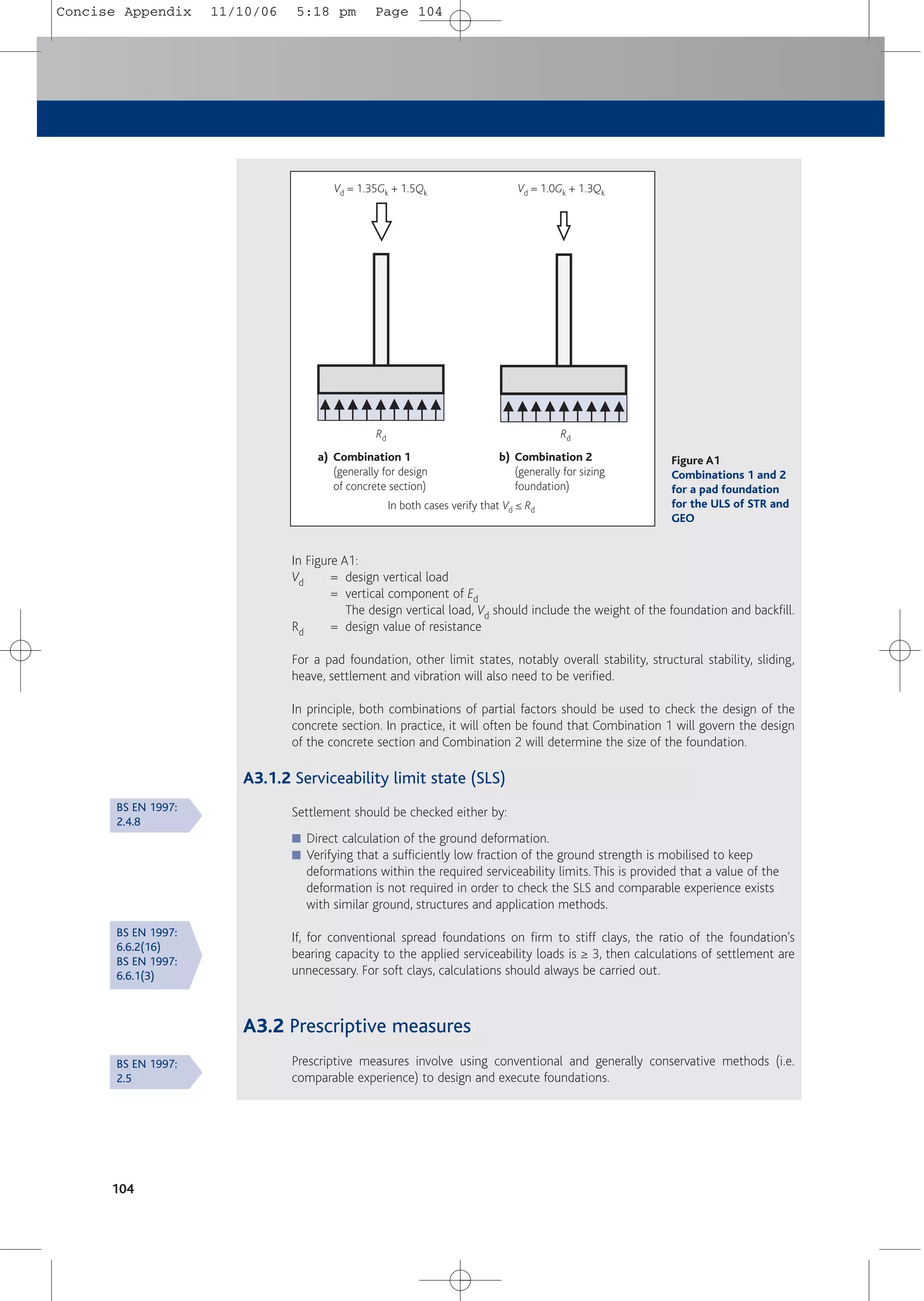 104
In Figure A1:
Vd = design vertical load
= vertical component of Ed
The design vertical load, Vd should include the weight of the foundation and backfill.
Rd = design value of resistance
For a pad foundation, other limit states, notably overall stability, structural stability, sliding,
heave, settlement and vibration will also need to be verified.
In principle, both combinations of partial factors should be used to check the design of the
concrete section. In practice, it will often be found that Combination 1 will govern the design
of the concrete section and Combination 2 will determine the size of the foundation.
A3.1.2 Serviceability limit state (SLS)
Settlement should be checked either by:
■ Direct calculation of the ground deformation.
■ Verifying that a sufficiently low fraction of the ground strength is mobilised to keep
deformations within the required serviceability limits. This is provided that a value of the
deformation is not required in order to check the SLS and comparable experience exists
with similar ground, structures and application methods.
If, for conventional spread foundations on firm to stiff clays, the ratio of the foundation’s
bearing capacity to the applied serviceability loads is ≥ 3, then calculations of settlement are
unnecessary. For soft clays, calculations should always be carried out.
A3.2 Prescriptive measures
Prescriptive measures involve using conventional and generally conservative methods (i.e.
comparable experience) to design and execute foundations.
BS EN 1997:
6.6.2(16)
BS EN 1997:
6.6.1(3)
BS EN 1997:
2.4.8
BS EN 1997:
2.5
a) Combination 1
(generally for design
of concrete section)
b) Combination 2
(generally for sizing
foundation)
In both cases verify that Vd ≤ Rd
Vd = 1.35Gk + 1.5Qk Vd = 1.0Gk + 1.3Qk
Rd Rd
Figure A1
Combinations 1 and 2
for a pad foundation
for the ULS of STR and
GEO
Concise Appendix 11/10/06 5:18 pm Page 104
 