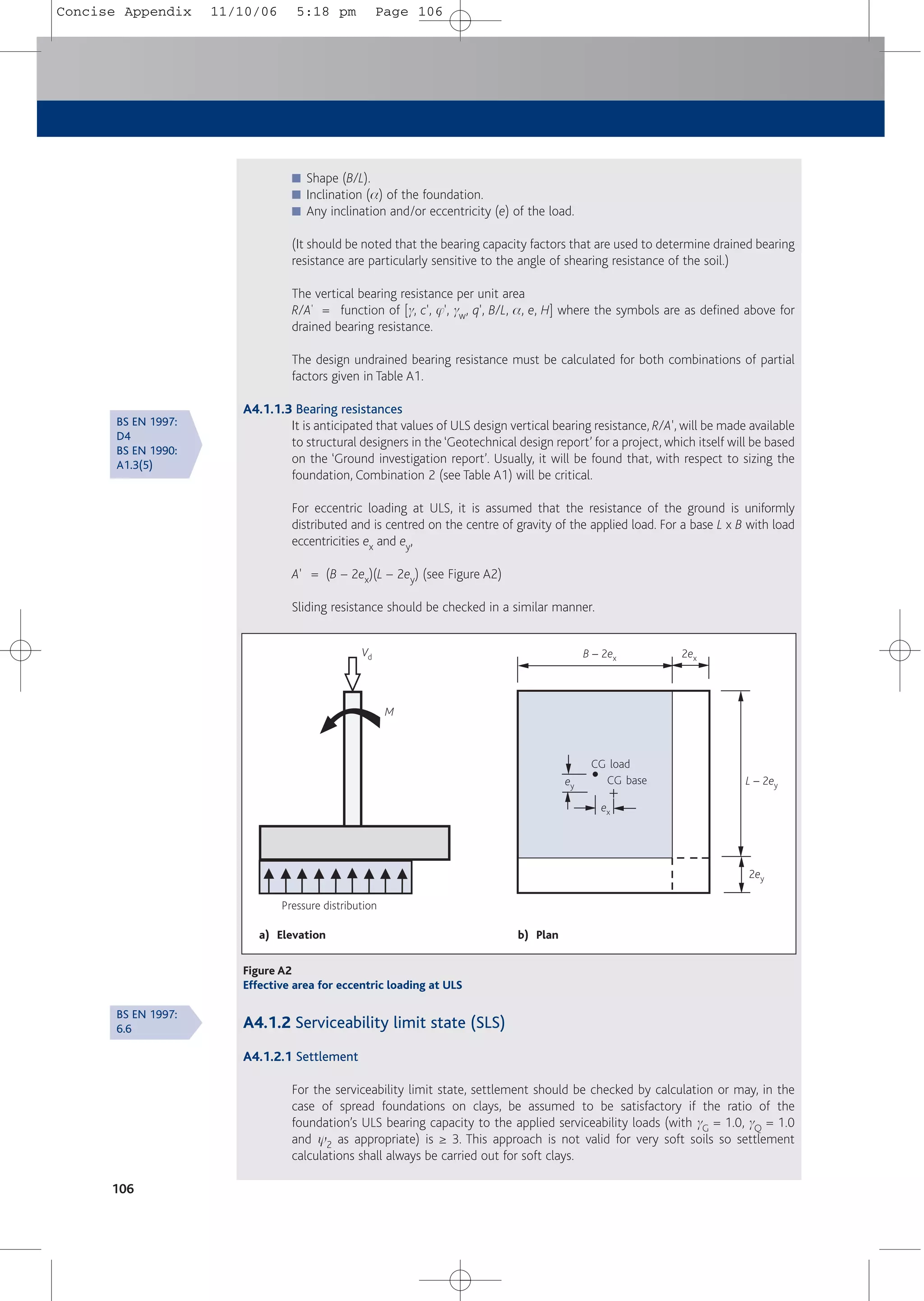 106
■ Shape (B/L).
■ Inclination (a) of the foundation.
■ Any inclination and/or eccentricity (e) of the load.
(It should be noted that the bearing capacity factors that are used to determine drained bearing
resistance are particularly sensitive to the angle of shearing resistance of the soil.)
The vertical bearing resistance per unit area
R/A' = function of [g, c', j', gw, q', B/L, a, e, H] where the symbols are as defined above for
drained bearing resistance.
The design undrained bearing resistance must be calculated for both combinations of partial
factors given in Table A1.
A4.1.1.3 Bearing resistances
It is anticipated that values of ULS design vertical bearing resistance, R/A', will be made available
to structural designers in the‘Geotechnical design report’ for a project, which itself will be based
on the ‘Ground investigation report’. Usually, it will be found that, with respect to sizing the
foundation, Combination 2 (see Table A1) will be critical.
For eccentric loading at ULS, it is assumed that the resistance of the ground is uniformly
distributed and is centred on the centre of gravity of the applied load. For a base L x B with load
eccentricities ex and ey,
A' = (B – 2ex)(L – 2ey) (see Figure A2)
Sliding resistance should be checked in a similar manner.
A4.1.2 Serviceability limit state (SLS)
A4.1.2.1 Settlement
For the serviceability limit state, settlement should be checked by calculation or may, in the
case of spread foundations on clays, be assumed to be satisfactory if the ratio of the
foundation’s ULS bearing capacity to the applied serviceability loads (with gG = 1.0, gQ = 1.0
and y2 as appropriate) is ≥ 3. This approach is not valid for very soft soils so settlement
calculations shall always be carried out for soft clays.
Pressure distribution
b) Plan
a) Elevation
M
CG load
CG base
+
2ey
B – 2ex 2ex
L – 2ey
ex
ey
Vd
Figure A2
Effective area for eccentric loading at ULS
BS EN 1997:
D4
BS EN 1990:
A1.3(5)
BS EN 1997:
6.6
Concise Appendix 11/10/06 5:18 pm Page 106
 