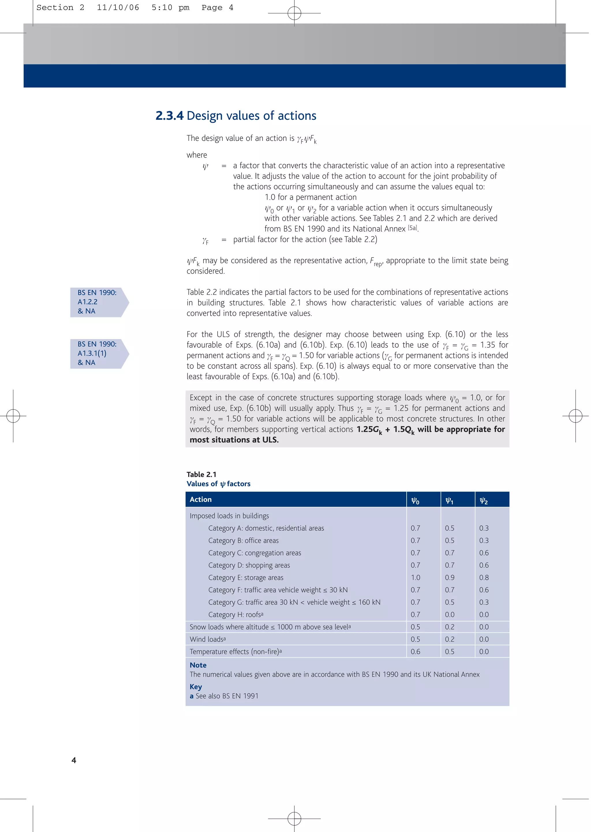 2.3.4 Design values of actions
The design value of an action is gFyFk
where
y = a factor that converts the characteristic value of an action into a representative
value. It adjusts the value of the action to account for the joint probability of
the actions occurring simultaneously and can assume the values equal to:
1.0 for a permanent action
y0 or y1 or y2 for a variable action when it occurs simultaneously
with other variable actions. See Tables 2.1 and 2.2 which are derived
from BS EN 1990 and its National Annex [5a].
gF = partial factor for the action (see Table 2.2)
yFk may be considered as the representative action, Frep, appropriate to the limit state being
considered.
Table 2.2 indicates the partial factors to be used for the combinations of representative actions
in building structures. Table 2.1 shows how characteristic values of variable actions are
converted into representative values.
For the ULS of strength, the designer may choose between using Exp. (6.10) or the less
favourable of Exps. (6.10a) and (6.10b). Exp. (6.10) leads to the use of gF = gG = 1.35 for
permanent actions and gF = gQ = 1.50 for variable actions (gG for permanent actions is intended
to be constant across all spans). Exp. (6.10) is always equal to or more conservative than the
least favourable of Exps. (6.10a) and (6.10b).
Except in the case of concrete structures supporting storage loads where y0 = 1.0, or for
mixed use, Exp. (6.10b) will usually apply. Thus gF = gG = 1.25 for permanent actions and
gF = gQ = 1.50 for variable actions will be applicable to most concrete structures. In other
words, for members supporting vertical actions 1.25Gk + 1.5Qk will be appropriate for
most situations at ULS.
4
Note
The numerical values given above are in accordance with BS EN 1990 and its UK National Annex
Key
a See also BS EN 1991
Table 2.1
Values of ψ
ψ factors
Imposed loads in buildings
Category A: domestic, residential areas
Category B: office areas
Category C: congregation areas
Category D: shopping areas
Category E: storage areas
Category F: traffic area vehicle weight ≤ 30 kN
Category G: traffic area 30 kN < vehicle weight ≤ 160 kN
Category H: roofsa
Snow loads where altitude ≤ 1000 m above sea levela
Wind loadsa
Temperature effects (non-fire)a
0.7
0.7
0.7
0.7
1.0
0.7
0.7
0.7
0.5
0.5
0.6
Action ψ
ψ0
0.5
0.5
0.7
0.7
0.9
0.7
0.5
0.0
0.2
0.2
0.5
ψ
ψ1
0.3
0.3
0.6
0.6
0.8
0.6
0.3
0.0
0.0
0.0
0.0
ψ
ψ2
BS EN 1990:
A1.2.2
& NA
BS EN 1990:
A1.3.1(1)
& NA
Section 2 11/10/06 5:10 pm Page 4
 