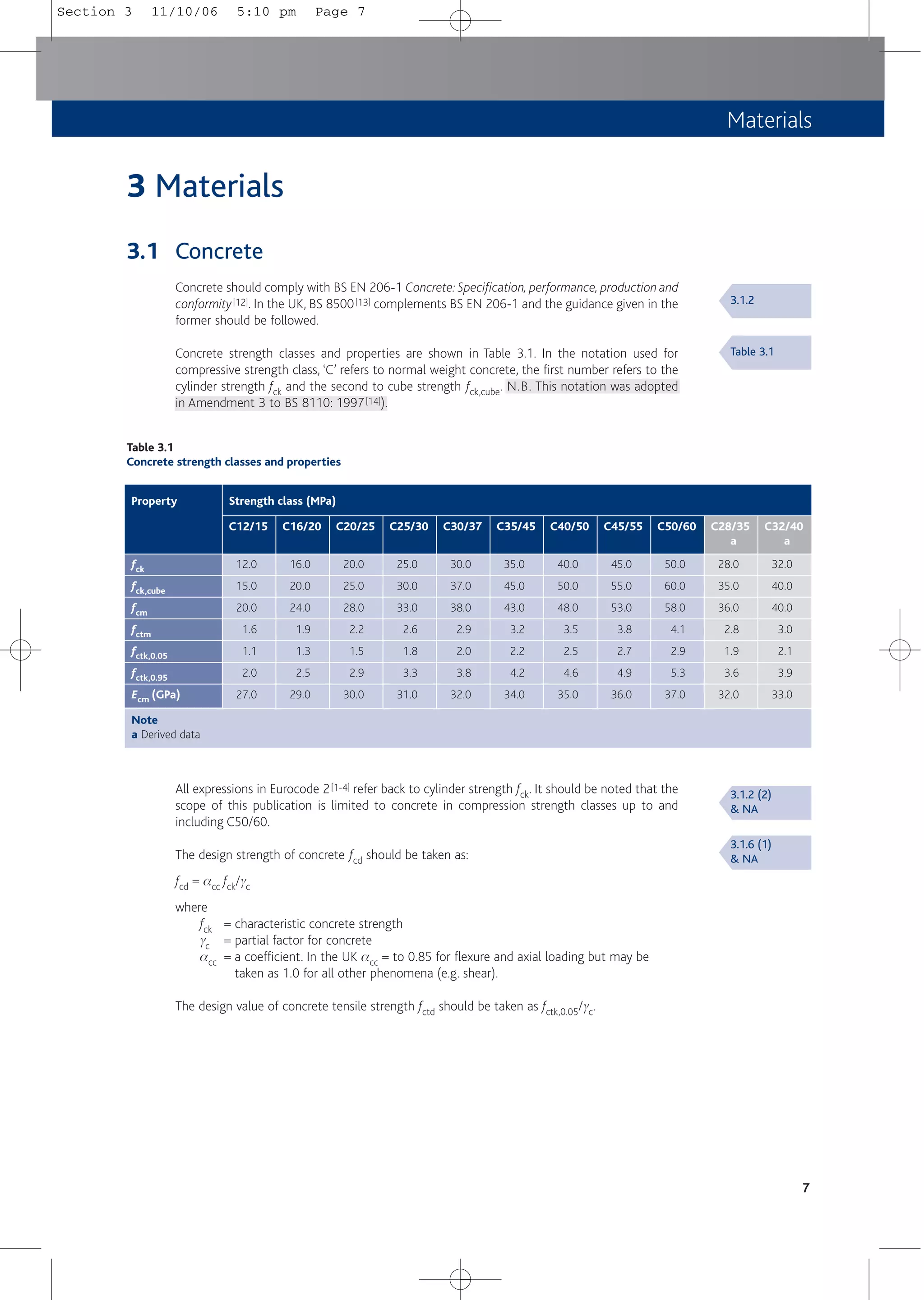 Materials
7
3 Materials
3.1 Concrete
Concrete should comply with BS EN 206-1 Concrete: Specification, performance, production and
conformity[12]. In the UK, BS 8500[13] complements BS EN 206-1 and the guidance given in the
former should be followed.
Concrete strength classes and properties are shown in Table 3.1. In the notation used for
compressive strength class, ‘C’ refers to normal weight concrete, the first number refers to the
cylinder strength fck and the second to cube strength fck,cube. N.B. This notation was adopted
in Amendment 3 to BS 8110: 1997[14]).
3.1.2
Table 3.1
3.1.2 (2)
& NA
3.1.6 (1)
& NA
Table 3.1
Concrete strength classes and properties
fck
fck,cube
fcm
fctm
fctk,0.05
fctk,0.95
Ecm (GPa)
12.0
15.0
20.0
1.6
1.1
2.0
27.0
Property Strength class (MPa)
C12/15
16.0
20.0
24.0
1.9
1.3
2.5
29.0
C16/20
20.0
25.0
28.0
2.2
1.5
2.9
30.0
C20/25
25.0
30.0
33.0
2.6
1.8
3.3
31.0
C25/30
30.0
37.0
38.0
2.9
2.0
3.8
32.0
C30/37
35.0
45.0
43.0
3.2
2.2
4.2
34.0
C35/45
40.0
50.0
48.0
3.5
2.5
4.6
35.0
C40/50
45.0
55.0
53.0
3.8
2.7
4.9
36.0
C45/55
50.0
60.0
58.0
4.1
2.9
5.3
37.0
C50/60
All expressions in Eurocode 2[1-4] refer back to cylinder strength fck. It should be noted that the
scope of this publication is limited to concrete in compression strength classes up to and
including C50/60.
The design strength of concrete fcd should be taken as:
fcd = acc fck/gc
where
fck = characteristic concrete strength
gc = partial factor for concrete
acc = a coefficient. In the UK acc = to 0.85 for flexure and axial loading but may be
taken as 1.0 for all other phenomena (e.g. shear).
The design value of concrete tensile strength fctd should be taken as fctk,0.05/gc.
C28/35
a
C32/40
a
32.0
40.0
40.0
3.0
2.1
3.9
33.0
28.0
35.0
36.0
2.8
1.9
3.6
32.0
Note
a Derived data
Section 3 11/10/06 5:10 pm Page 7
 