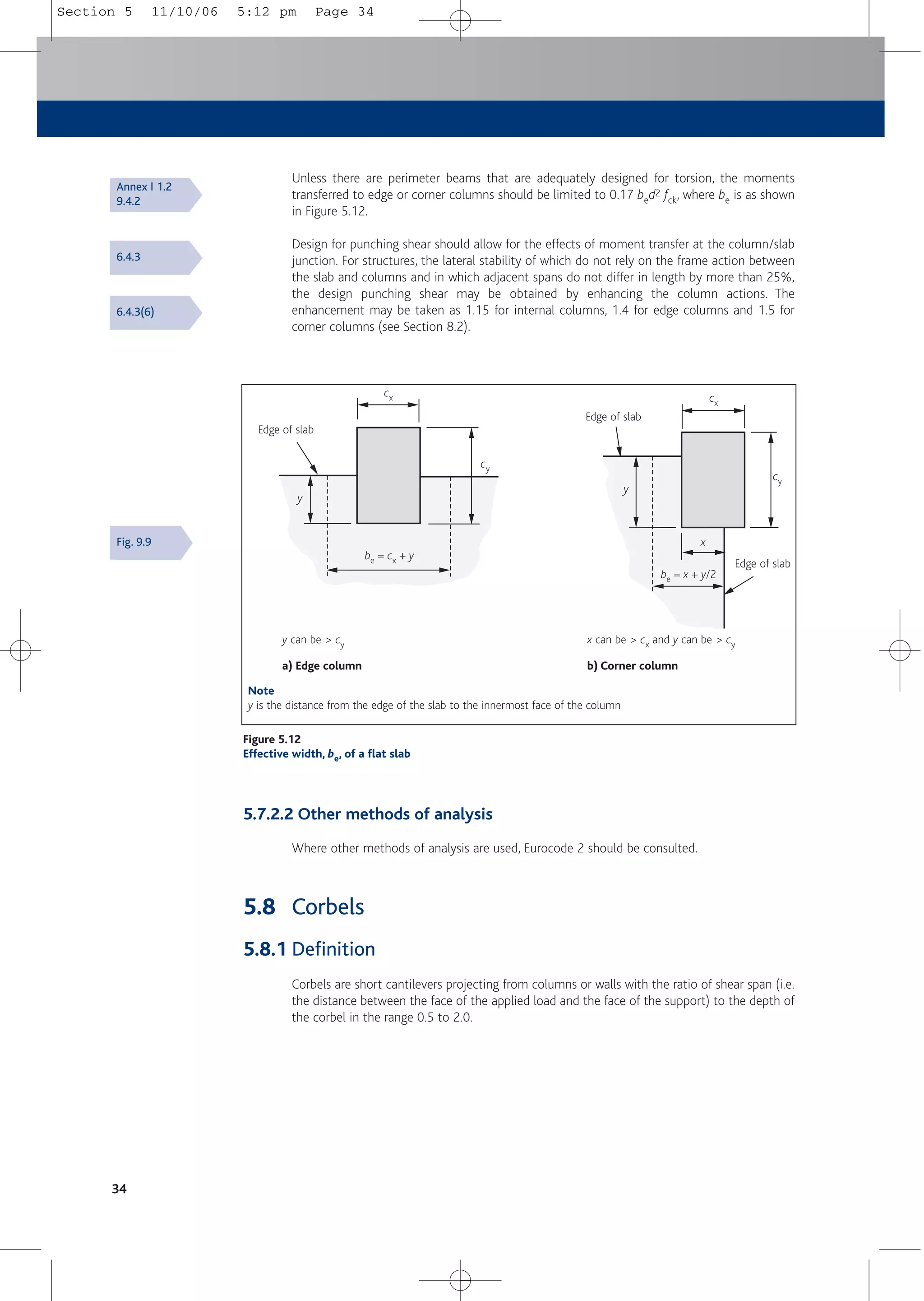 Unless there are perimeter beams that are adequately designed for torsion, the moments
transferred to edge or corner columns should be limited to 0.17 bed2 fck, where be is as shown
in Figure 5.12.
Design for punching shear should allow for the effects of moment transfer at the column/slab
junction. For structures, the lateral stability of which do not rely on the frame action between
the slab and columns and in which adjacent spans do not differ in length by more than 25%,
the design punching shear may be obtained by enhancing the column actions. The
enhancement may be taken as 1.15 for internal columns, 1.4 for edge columns and 1.5 for
corner columns (see Section 8.2).
34
Figure 5.12
Effective width, be, of a flat slab
y
y
x
be = cx + y
be = x + y/2
Edge of slab
y can be > cy
a) Edge column
x can be > cx and y can be > cy
b) Corner column
Edge of slab
Edge of slab
cx
cy
cy
cx
Note
y is the distance from the edge of the slab to the innermost face of the column
Fig. 9.9
6.4.3
6.4.3(6)
5.7.2.2 Other methods of analysis
Where other methods of analysis are used, Eurocode 2 should be consulted.
5.8 Corbels
5.8.1 Definition
Corbels are short cantilevers projecting from columns or walls with the ratio of shear span (i.e.
the distance between the face of the applied load and the face of the support) to the depth of
the corbel in the range 0.5 to 2.0.
Annex I 1.2
9.4.2
Section 5 11/10/06 5:12 pm Page 34
 