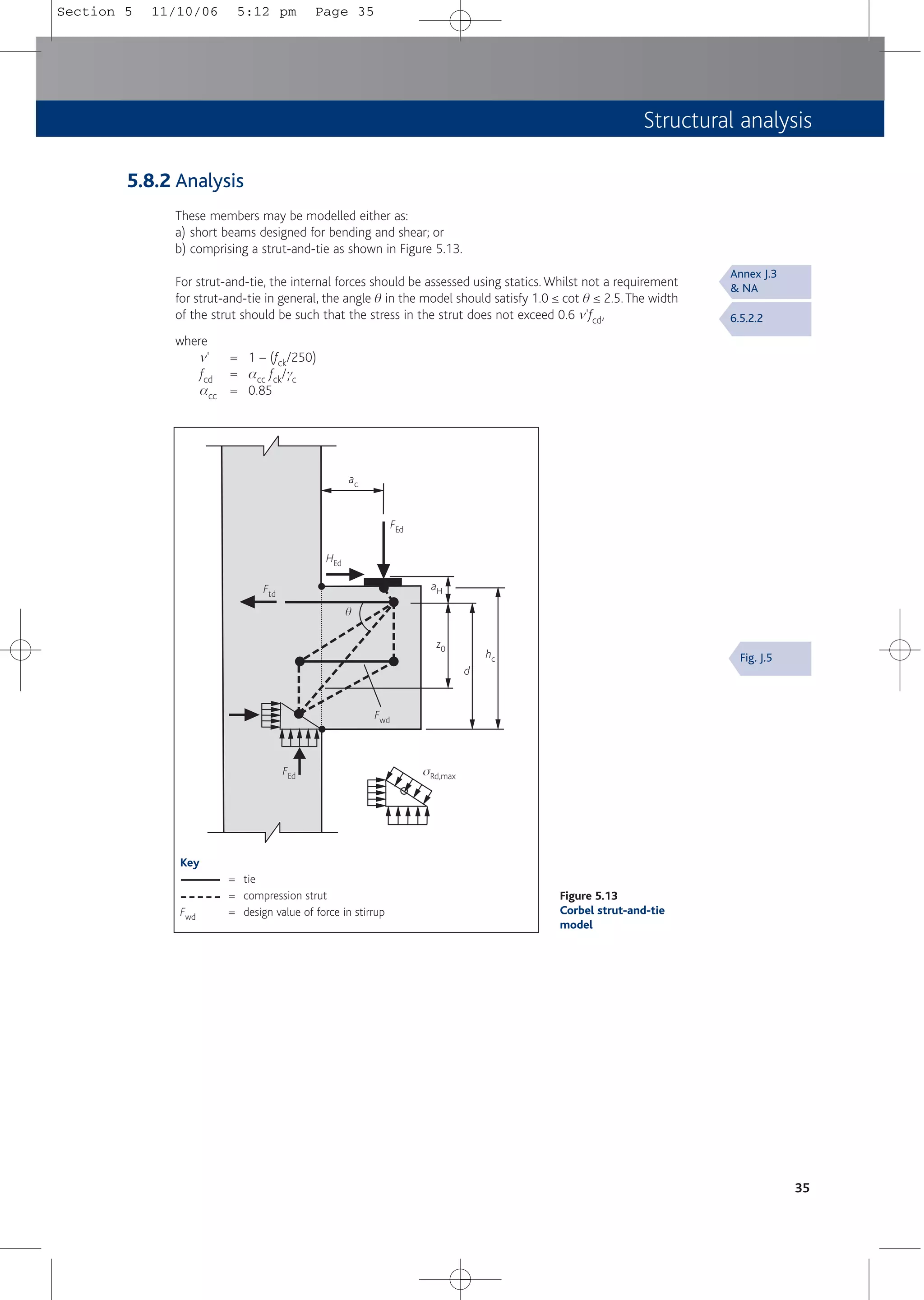 Structural analysis
35
Figure 5.13
Corbel strut-and-tie
model
FEd
Ftd
FEd
aH
HEd
z0
hc
d
q
sRd,max
ac
Fwd
Annex J.3
& NA
6.5.2.2
Fig. J.5
5.8.2 Analysis
These members may be modelled either as:
a) short beams designed for bending and shear; or
b) comprising a strut-and-tie as shown in Figure 5.13.
For strut-and-tie, the internal forces should be assessed using statics.Whilst not a requirement
for strut-and-tie in general, the angle q in the model should satisfy 1.0 ≤ cot q ≤ 2.5.The width
of the strut should be such that the stress in the strut does not exceed 0.6 m'fcd,
where
m' = 1 – (fck/250)
fcd = acc fck/gc
acc = 0.85
Key
= tie
= compression strut
Fwd = design value of force in stirrup
Section 5 11/10/06 5:12 pm Page 35
 