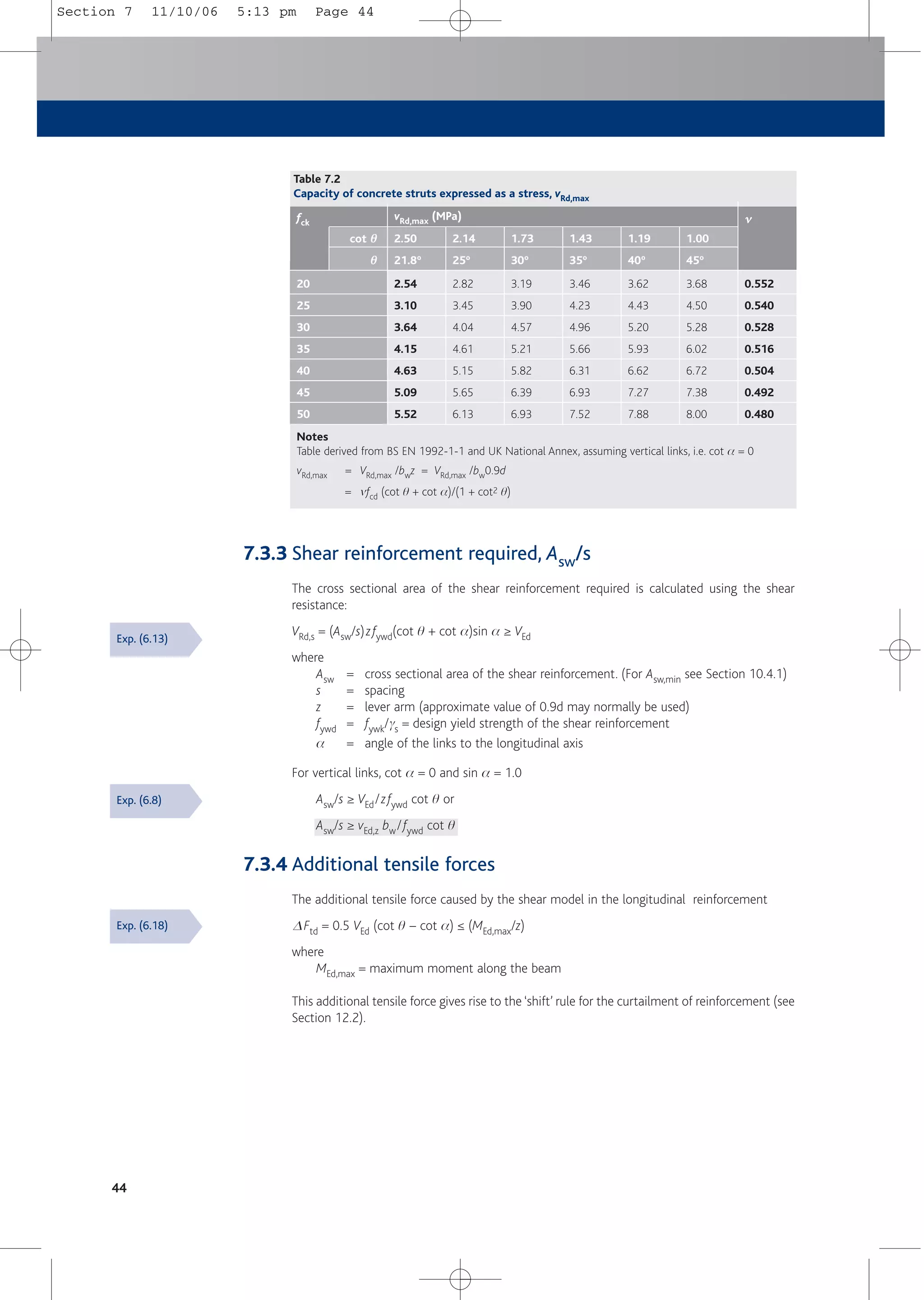 7.3.3 Shear reinforcement required, Asw/s
The cross sectional area of the shear reinforcement required is calculated using the shear
resistance:
VRd,s = (Asw/s)zfywd(cot q + cot a)sin a ≥ VEd
where
Asw = cross sectional area of the shear reinforcement. (For Asw,min see Section 10.4.1)
s = spacing
z = lever arm (approximate value of 0.9d may normally be used)
fywd = fywk/gs = design yield strength of the shear reinforcement
a = angle of the links to the longitudinal axis
For vertical links, cot a = 0 and sin a = 1.0
Asw/s ≥ VEd/zfywd cot q or
Asw/s ≥ vEd,z bw/fywd cot q
7.3.4 Additional tensile forces
The additional tensile force caused by the shear model in the longitudinal reinforcement
D Ftd = 0.5 VEd (cot q – cot a) ≤ (MEd,max/z)
where
MEd,max = maximum moment along the beam
This additional tensile force gives rise to the ‘shift’ rule for the curtailment of reinforcement (see
Section 12.2).
44
Exp. (6.13)
Exp. (6.8)
Exp. (6.18)
Table 7.2
Capacity of concrete struts expressed as a stress, vRd,max
20
25
30
35
40
45
50
fck
cot θ
θ
θ
θ
0.552
0.540
0.528
0.516
0.504
0.492
0.480
ν
ν
vRd,max (MPa)
2.54
3.10
3.64
4.15
4.63
5.09
5.52
2.50
21.8º
2.82
3.45
4.04
4.61
5.15
5.65
6.13
2.14
25º
3.19
3.90
4.57
5.21
5.82
6.39
6.93
1.73
30º
3.46
4.23
4.96
5.66
6.31
6.93
7.52
1.43
35º
3.62
4.43
5.20
5.93
6.62
7.27
7.88
1.19
40º
3.68
4.50
5.28
6.02
6.72
7.38
8.00
1.00
45º
Notes
Table derived from BS EN 1992-1-1 and UK National Annex, assuming vertical links, i.e. cot a = 0
vRd,max = VRd,max /bwz = VRd,max /bw0.9d
= mfcd (cot q + cot a)/(1 + cot2 q)
Section 7 11/10/06 5:13 pm Page 44
 