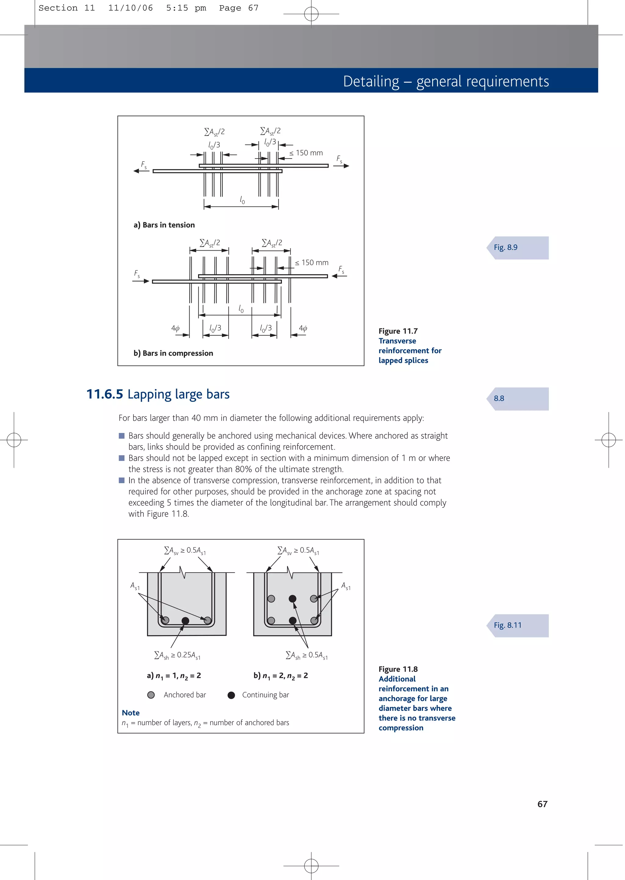 Detailing – general requirements
67
Anchored bar Continuing bar
a) n1 = 1, n2 = 2 b) n1 = 2, n2 = 2
2Ash ≥ 0.5As1
2Ash ≥ 0.25As1
2Asv ≥ 0.5As1 2Asv ≥ 0.5As1
As1 As1
Figure 11.8
Additional
reinforcement in an
anchorage for large
diameter bars where
there is no transverse
compression
Fig. 8.11
Fig. 8.9
a) Bars in tension
b) Bars in compression
Fs
Fs
Fs
Fs
l0
l0
l0/3 l0/3
l0/3 l0/3
2Ast/2 2Ast/2
2Ast/2 2Ast/2
4f 4f
≤ 150 mm
≤ 150 mm
Figure 11.7
Transverse
reinforcement for
lapped splices
8.8
11.6.5 Lapping large bars
For bars larger than 40 mm in diameter the following additional requirements apply:
■ Bars should generally be anchored using mechanical devices. Where anchored as straight
bars, links should be provided as confining reinforcement.
■ Bars should not be lapped except in section with a minimum dimension of 1 m or where
the stress is not greater than 80% of the ultimate strength.
■ In the absence of transverse compression, transverse reinforcement, in addition to that
required for other purposes, should be provided in the anchorage zone at spacing not
exceeding 5 times the diameter of the longitudinal bar. The arrangement should comply
with Figure 11.8.
Note
n1 = number of layers, n2 = number of anchored bars
Section 11 11/10/06 5:15 pm Page 67
 