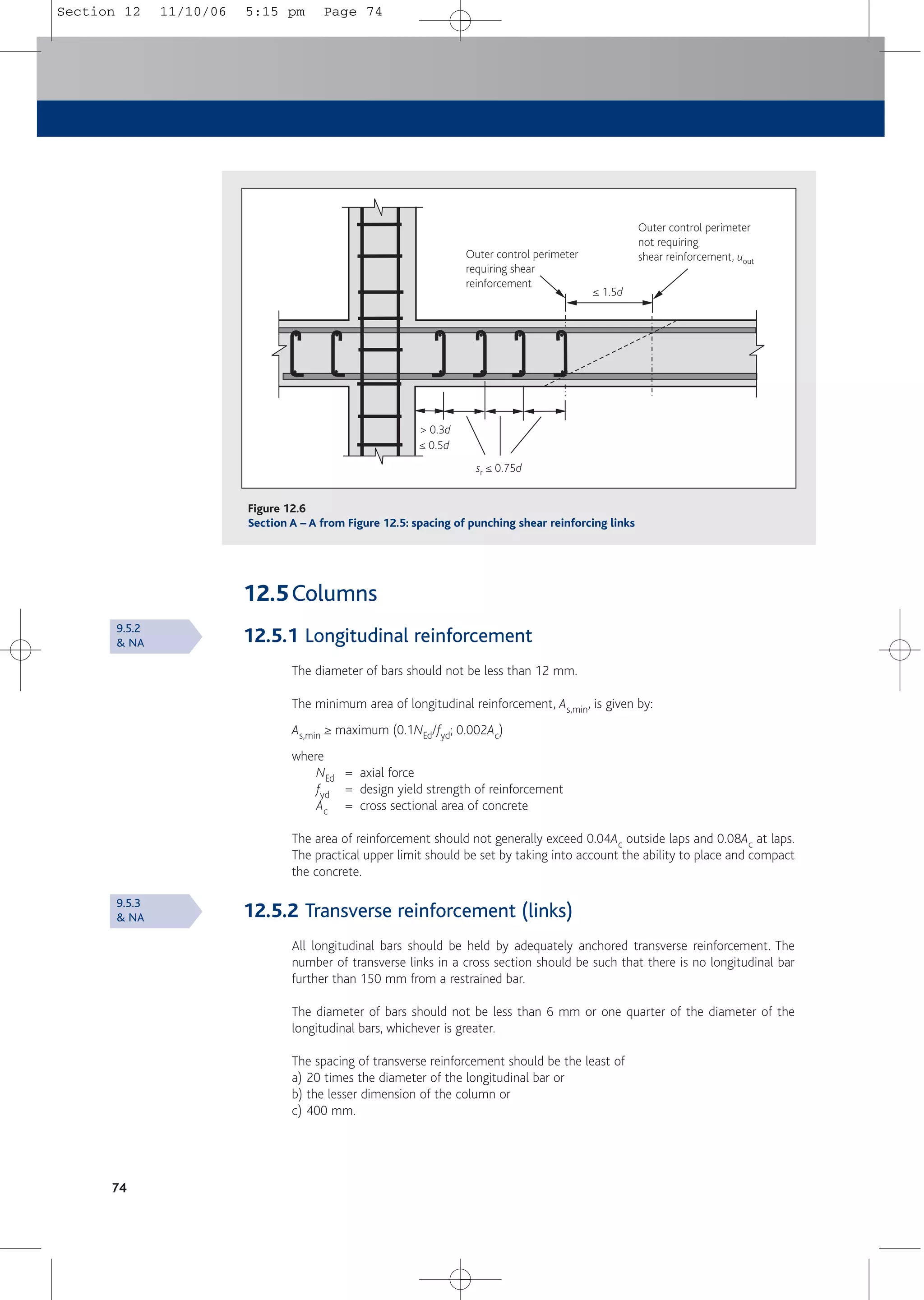 12.5Columns
12.5.1 Longitudinal reinforcement
The diameter of bars should not be less than 12 mm.
The minimum area of longitudinal reinforcement, As,min, is given by:
As,min ≥ maximum (0.1NEd/fyd; 0.002Ac)
where
NEd = axial force
fyd = design yield strength of reinforcement
Ac = cross sectional area of concrete
The area of reinforcement should not generally exceed 0.04Ac outside laps and 0.08Ac at laps.
The practical upper limit should be set by taking into account the ability to place and compact
the concrete.
12.5.2 Transverse reinforcement (links)
All longitudinal bars should be held by adequately anchored transverse reinforcement. The
number of transverse links in a cross section should be such that there is no longitudinal bar
further than 150 mm from a restrained bar.
The diameter of bars should not be less than 6 mm or one quarter of the diameter of the
longitudinal bars, whichever is greater.
The spacing of transverse reinforcement should be the least of
a) 20 times the diameter of the longitudinal bar or
b) the lesser dimension of the column or
c) 400 mm.
74
Outer control perimeter
requiring shear
reinforcement
Outer control perimeter
not requiring
shear reinforcement, uout
≤ 1.5d
> 0.3d
≤ 0.5d
sr ≤ 0.75d
Figure 12.6
Section A – A from Figure 12.5: spacing of punching shear reinforcing links
9.5.2
& NA
9.5.3
& NA
Section 12 11/10/06 5:15 pm Page 74
 