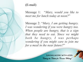 (E-mail)
Message 1: “Mary, would you like to
meet me for lunch today at noon?”
Message 2: “Mary, I am getting hungry.
I was wondering if you were hungry too.
When people are hungry, that is a sign
that they need to eat. Since we might
both be hungry, I was perhaps
wondering if you might care to join me
for a meal in the near future?”
 