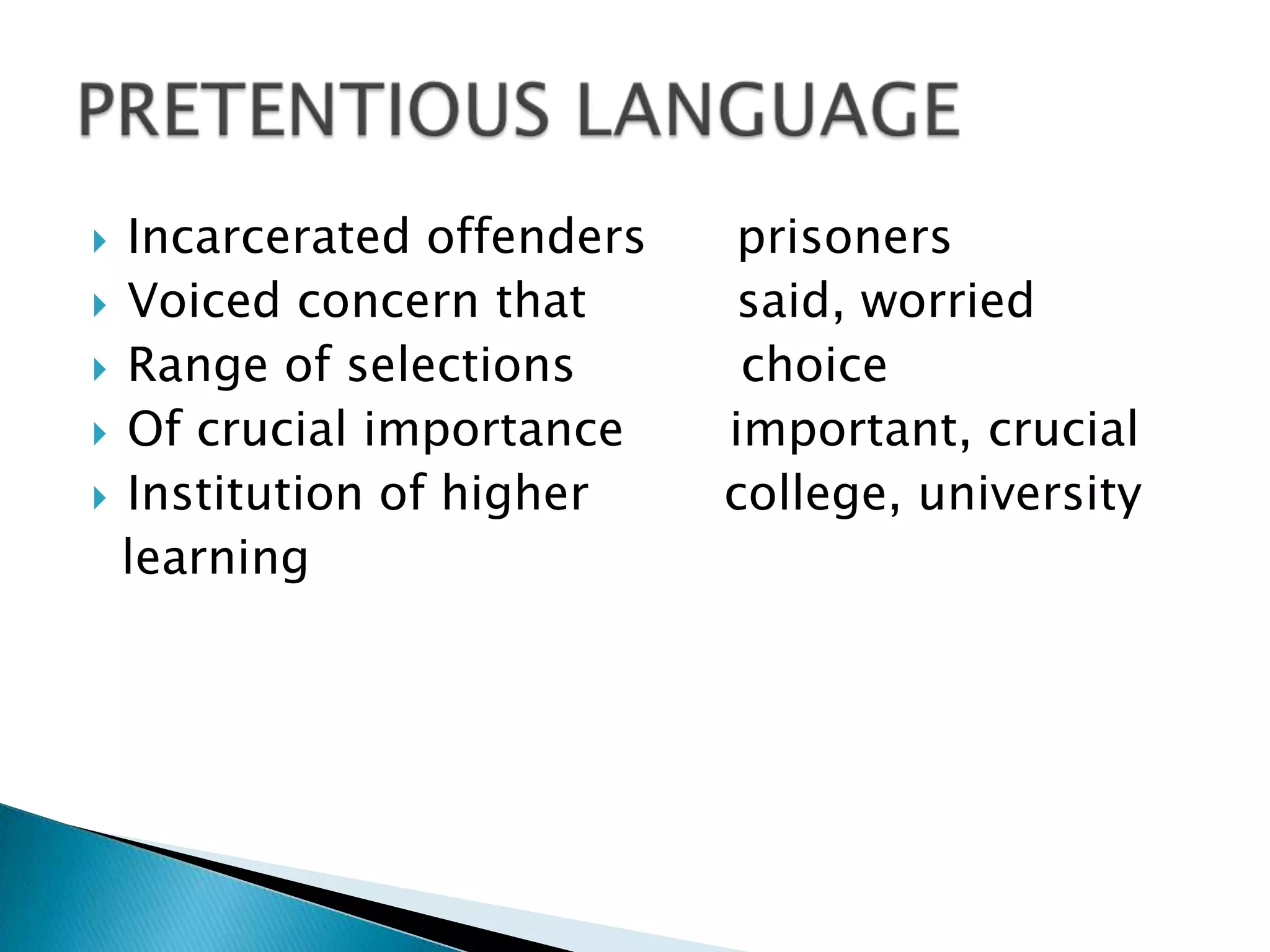  Incarcerated offenders prisoners
 Voiced concern that said, worried
 Range of selections choice
 Of crucial importance important, crucial
 Institution of higher college, university
learning
 