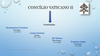 CONCÍLIO VATICANO II
s
u
r
g
e
m
Sacrosanctum Concilium
Liturgia
4-12-1963
Lumen Gentium
Igreja
21-11-1964
Dei Verbum
Revelação
18-11-1965 Guadium et Spes
Pastoral
7-12-1965
Constituições
Ramos, J.A., Teologia pastoral, ed. BAC, Madrid 2006, 55-100
 