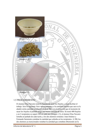 Informe de laboratorio N.° 1 Página 5
(Imagen 1.1)
(Imagen 1.2)
(Imagen 1.3)
1.5 PROCEDIMIENTO
El alumno Elias Navarro tenía la función de sacar los frejoles, y para facilitar el
trabajo hizo lo siguiente: hizo varios intentos y a la cantidad máxima que saco se le
añadió cierta cantidad resultando en total 200, con el motivo de que al momento de
sacar los frejoles el puñado tenga una buena cantidad de estos. Se tomó 400 frejoles
y en 2 recipientes se separó 200 en cada uno (Imagen 1.5), el alumno Elias Navarro
tomaba un puñado de cada tazón, y los dos alumnos restantes: Joan Jiménez y
Fernando Sarmiento contaban la cantidad que sobraba en los recipientes. A 200, los
dos alumnos ya mencionados restaban la cantidad que contaban obteniendo así la
 