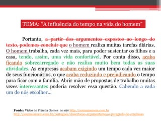 Portanto, a partir dos argumentos expostos ao longo do
texto, podemos concluir que o homem realiza muitas tarefas diárias.
O homem trabalha, cada vez mais, para poder sustentar os filhos e a
casa, tendo, assim, uma vida confortável. Por conta disso, acaba
ficando sobrecarregado e não realiza muito bem todas as suas
atividades. As empresas acabam exigindo um tempo cada vez maior
de seus funcionários, o que acaba reduzindo e prejudicando o tempo
para ficar com a família. Abrir mão de propostas de trabalho muitas
vezes interessantes poderia resolver essa questão. Cabendo a cada
um de nós escolher...
Fonte: Vídeo de Priscila Gomes no site http://soumaisenem.com.br
http://soumaisenem.com.br/portugues/dissertacao-argumentativa/o-paragrafo-de-conclusao
TEMA: “A influência do tempo na vida do homem”
 