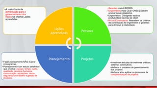 •Investir em estudos de melhores práticas,
sistemas construtivos.
•Melhorar o processo de gerenciamento
dos projetos.
•Melhorar e/ou agilizar os processos de
compatibilização de projetos.
•Fazer planejamento NÃO é gerar
cronogramas.
•Planejamento é um estudo detalhado
que envolve: escopo, tempo, custo,
qualidade, recursos humanos,
comunicação, aquisições, riscos,
segurança do trabalho e gestão de
resíduos.
•Gerentes mais LÍDERES.
•Engenheiros mais GESTORES | Saibam
ensinar seus estagiários.
•Engenheiros! O segredo está na
produtividade da mão de obra!
•RH de Construtoras: Reavaliem os critérios
de contratação de engenheiros e gerentes
para diminuir a rotatividade.
•A maior fonte de
alimentação para o
gerenciamento dos
riscos se chama Lições
aprendidas
Lições
Aprendidas
Pessoas
ProjetosPlanejamento
 