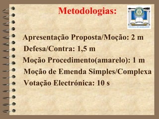 Metodologias:

Apresentação Proposta/Moção: 2 m
Defesa/Contra: 1,5 m
Moção Procedimento(amarelo): 1 m
Moção de Emenda Simples/Complexa
Votação Electrónica: 10 s
 
