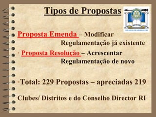 Tipos de Propostas

Proposta Emenda – Modificar
              Regulamentação já existente
• Proposta Resolução – Acrescentar
              Regulamentação de novo


•Total: 229 Propostas – apreciadas 219

Clubes/ Distritos e do Conselho Director RI
 