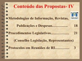 Conteúdo das Propostas- IV

Metodologias de Informação, Revistas,

     Publicações e Despesas………….           18

Procedimentos Legislativos……………            21

   (Conselho Legislação, Representantes)

Protocolos em Reuniões de RI…………           3
 