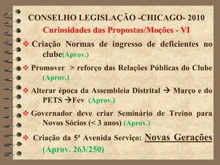 CONSELHO LEGISLAÇÃO -CHICAGO- 2010
   Curiosidades das Propostas/Moções - VI
 Criação Normas de ingresso de deficientes no
     clube(Aprov.)
 Promover > reforço das Relações Públicas do Clube
     (Aprov.)
 Alterar época da Assembleia Distrital  Março e do
     PETS Fev (Aprov.)
 Governador deve criar Seminário de Treino para
    Novos Sócios (< 3 anos) (Aprov.)
 Criação da 5ª Avenida Serviço:   Novas Gerações
     (Aprov. 263/250)
 