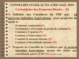 CONSELHO LEGISLAÇÃO -CHICAGO- 2010
   Curiosidades das Propostas/Moções – XI
 Solicitar aos Curadores da TRF que          só
aprovem Subsídios Equivalentes para projectos de
apoio a:
     Problemas Ambientais(N)
     Tratamento e Prevenção da perda da Audição(N)
     Combate à Cegueira (N)
     Combate à Tuberculose (N)
     Combate ás doenças mentais (N)
     Combate à Mortalidade Infantil (N)
 Proposta ao Conselho de Curadores que só aceitem
    Subsídios Equivalentes apenas dos clubes que
    contribuem para o FAP (N) 282/230 Canadá
 