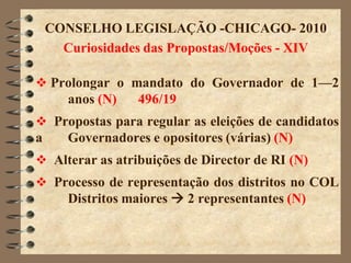 CONSELHO LEGISLAÇÃO -CHICAGO- 2010
      Curiosidades das Propostas/Moções - XIV

 Prolongar o mandato do Governador de 1—2
       anos (N)   496/19
 Propostas para regular as eleições de candidatos
a      Governadores e opositores (várias) (N)
 Alterar as atribuições de Director de RI (N)
 Processo de representação dos distritos no COL
       Distritos maiores  2 representantes (N)
 