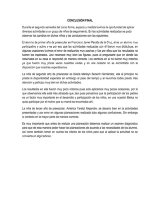 CONCLUSIÓN FINAL
Durante el segundo semestre del curso forma, espacio y medida tuvimos la oportunidad de aplicar
diversas actividades a un grupo de niños de seguimiento. En las actividades realizadas se pudo
observar los cambios en dichos niños y las conclusiones son las siguientes:
El alumno de primer año de preescolar es Francisco Javier Peralta de la Cruz, el es un alumno muy
participativo y activo y es por eso que las actividades realizadas con él fueron muy didácticas, en
algunas ocasiones tuvimos el error de realizarlas muy pasivas y fue por ellos que los resultados no
fueron los esperados. Javi reconoce muy bien las figuras, pues al preguntarle que en donde las
observaba en su casa el respondió de manera correcta. Los cambios en el no fueron muy notorios
ya que fueron muy pocas veces nuestras visitas y en una ocasión no se encontraba con la
disposición que nosotras esperábamos.
La niña de segundo año de preescolar es Bielca Marleyn Becerril Hernández, ella al principio no
presta la disponibilidad esperada sin embargo al paso del tiempo y al reunirnos todas presto más
atención y participo muy bien en dichas actividades.
Los resultados en ella fueron muy poco notorios pues solo aplicamos muy pocas ocasiones, por lo
que observamos ella está más atrasada que Javi pues pensamos que la participación de los padres
es un factor muy importante en el desarrollo y participación de los niños, en una ocasión Bielca no
quiso participar por el motivo que su mamá se encontraba ahí.
La niña de tercer año de preescolar, América Yaretzi Alejandre, se desarro bien en la actividades
presentadas y por error en algunas planeaciones realizada tubo algunas confusiones. Sin embargo
si contesto en la mayor parte de manera correcta.
Es muy importante que antes de realizar una planeación debemos realizar un examen diagnostico
para que de esta manera poder hacer las planeaciones de acuerdo a las necesidades de los alumno,
así como también tomar en cuenta los interés de los niños para que al aplicar la actividad no se
convierta en algo tedioso.
 