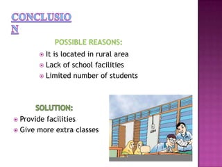 CONCLUSION Possible REASONS: It is located in rural area Lack of school facilities Limited number of students SOLUTION: ,[object Object]